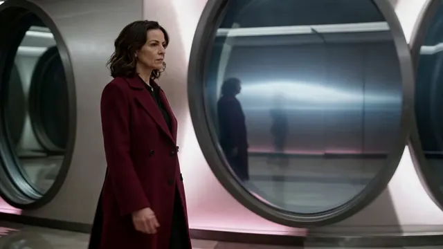 Mature fictional woman in a burgundy coat inside a cobalt corridor