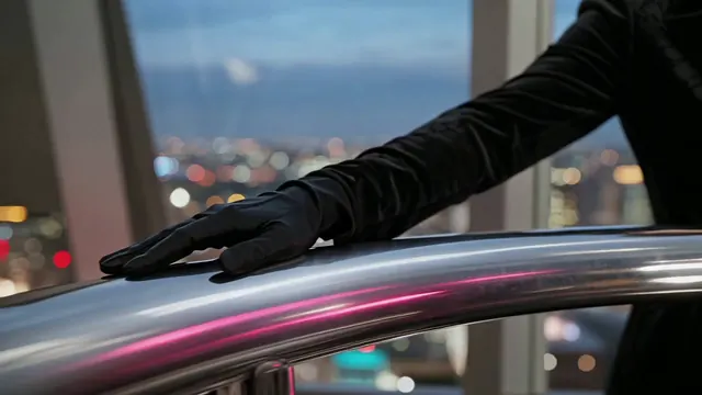Gloved hand of a mature fictional character beside a chrome rail with pink reflections