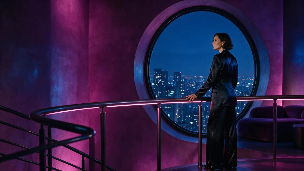 Mature fictional woman beside a round window in a violet lounge