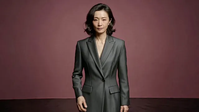 Mature fictional woman in a dark closed suit under magenta studio lighting