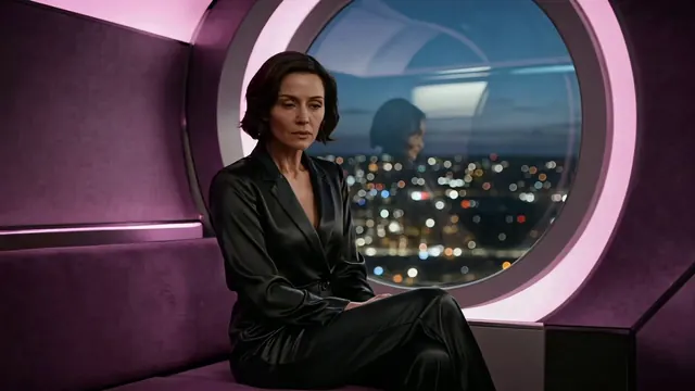 Mature fictional woman in a dark suit beside a round window and metal rail